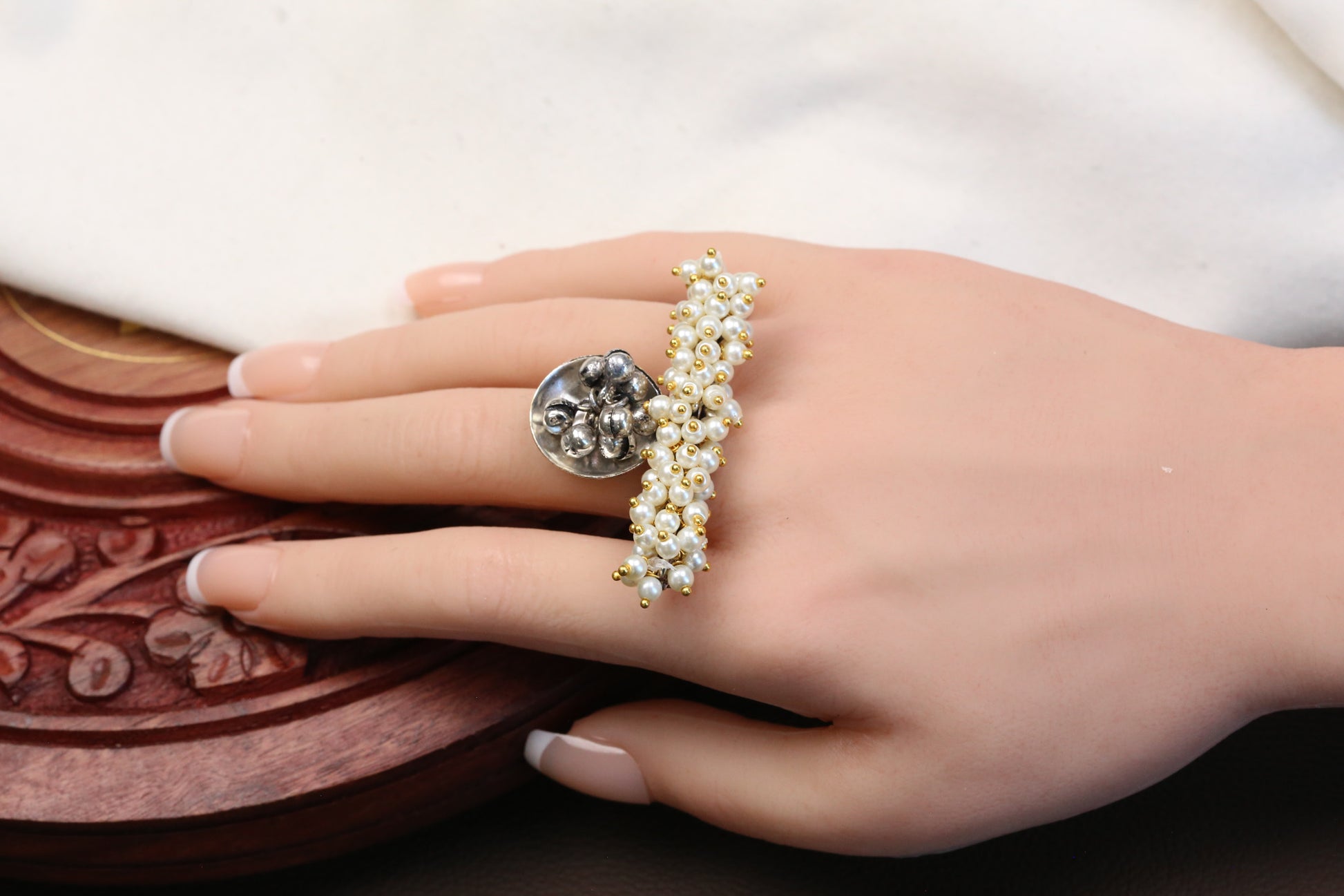 Oxidized Pearl Ghungroo Adjustable Ring
