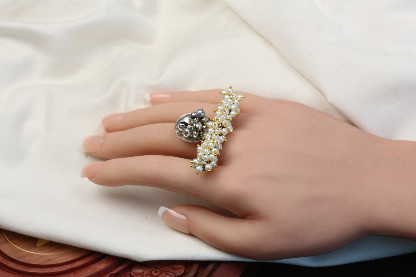 Oxidized Pearl Ghungroo Adjustable Ring