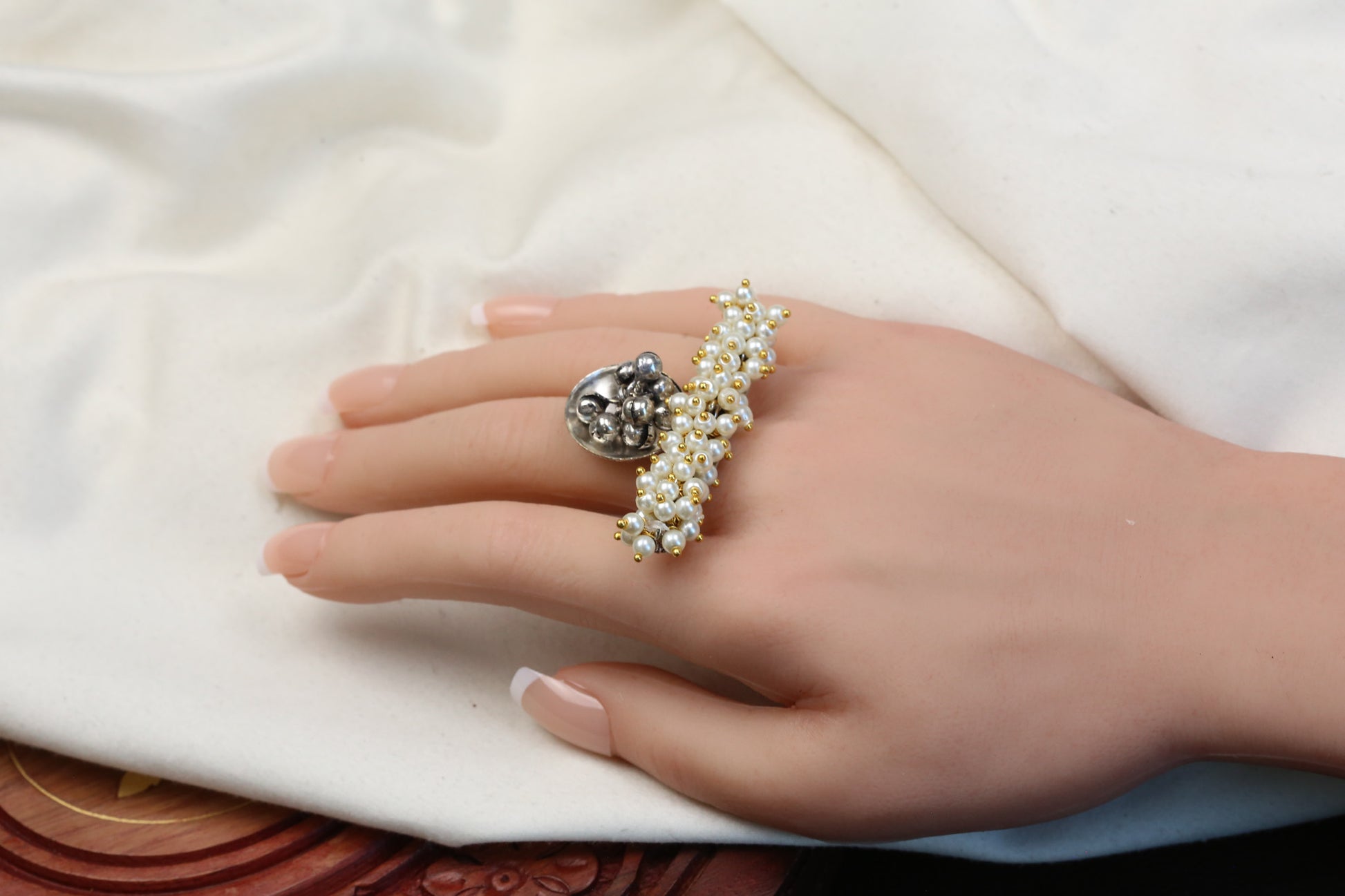 Oxidized Pearl Ghungroo Adjustable Ring