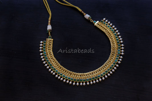 Reversible Shell Pearls Handmade Jalebi Necklace  - Green  (103-95)