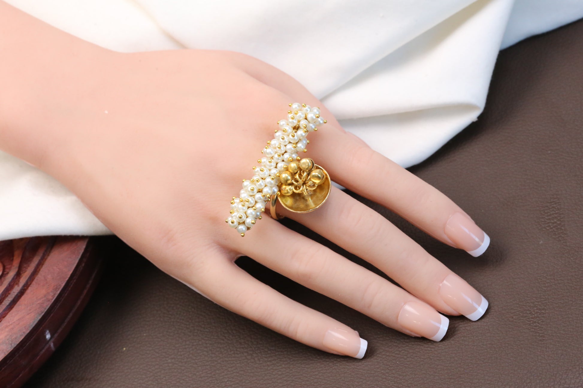 Gold Pearl Ghungroo Adjustable Ring