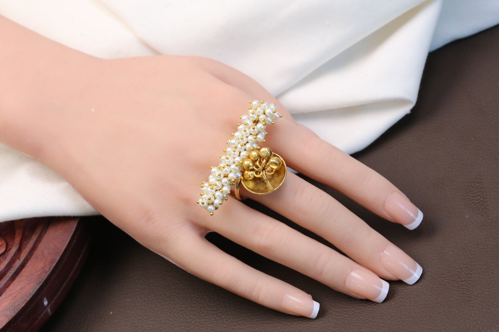 Gold Pearl Ghungroo Adjustable Ring
