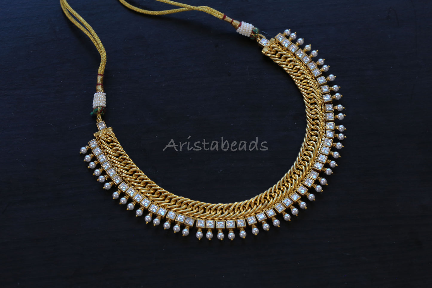 Reversible Shell Pearls Handmade Jalebi Necklace  - Green  (103-95)