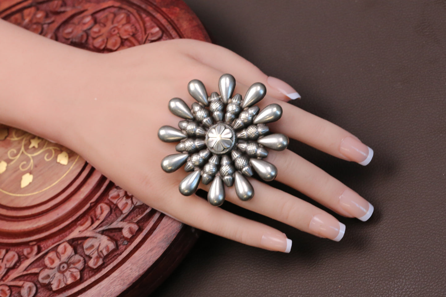 Phool Oxidized Round Adjustable Ring
