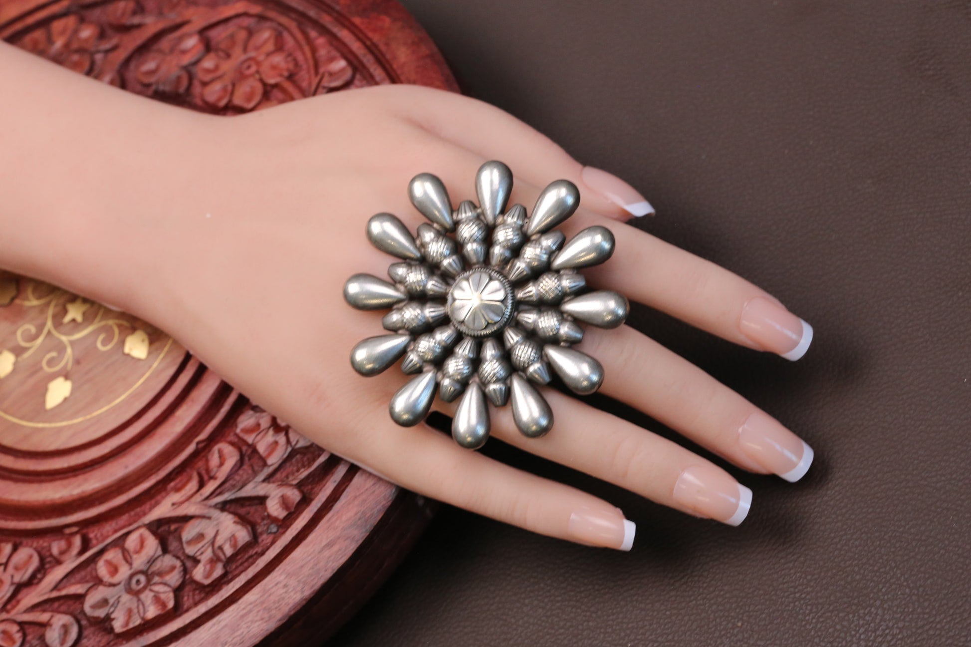 Phool Oxidized Round Adjustable Ring