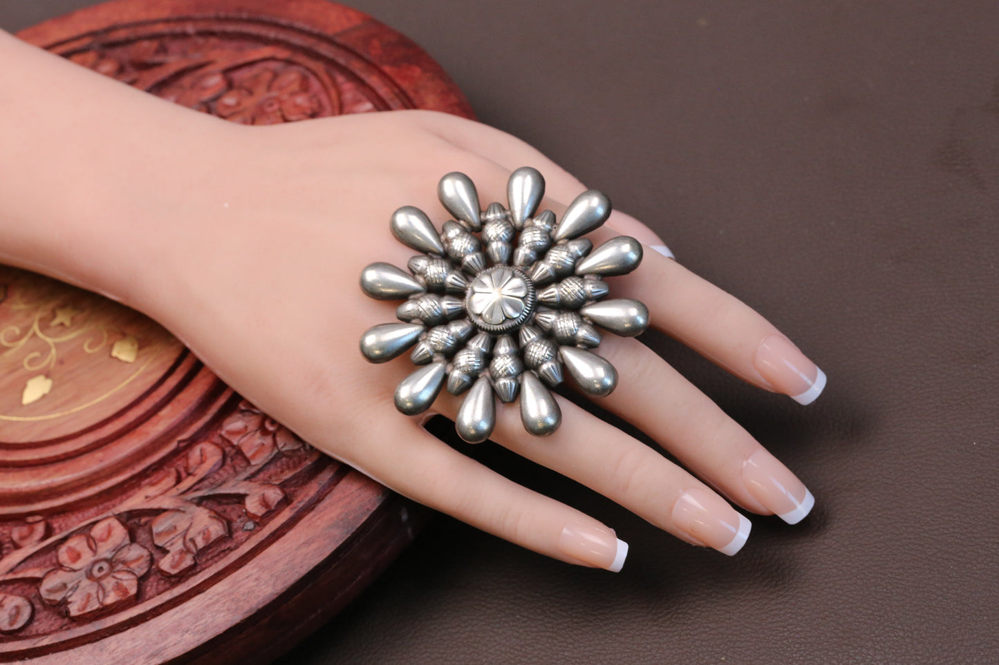 Phool Oxidized Round Adjustable Ring
