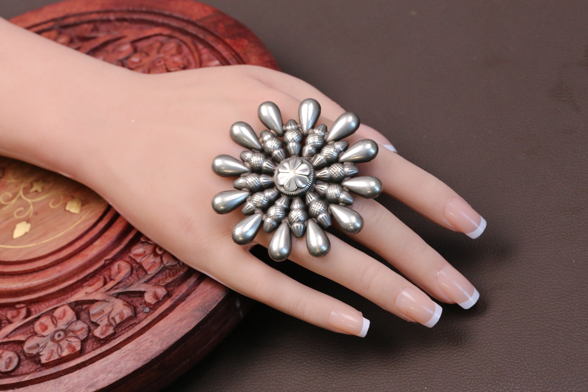 Phool Oxidized Round Adjustable Ring