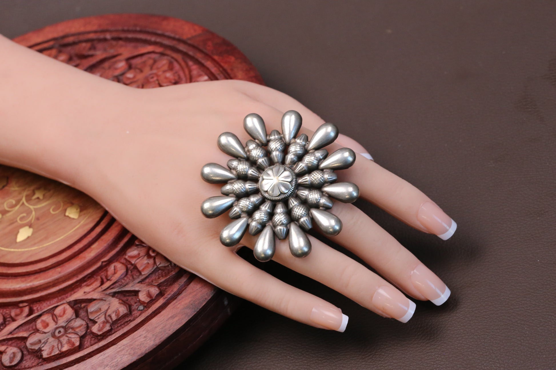 Phool Oxidized Round Adjustable Ring