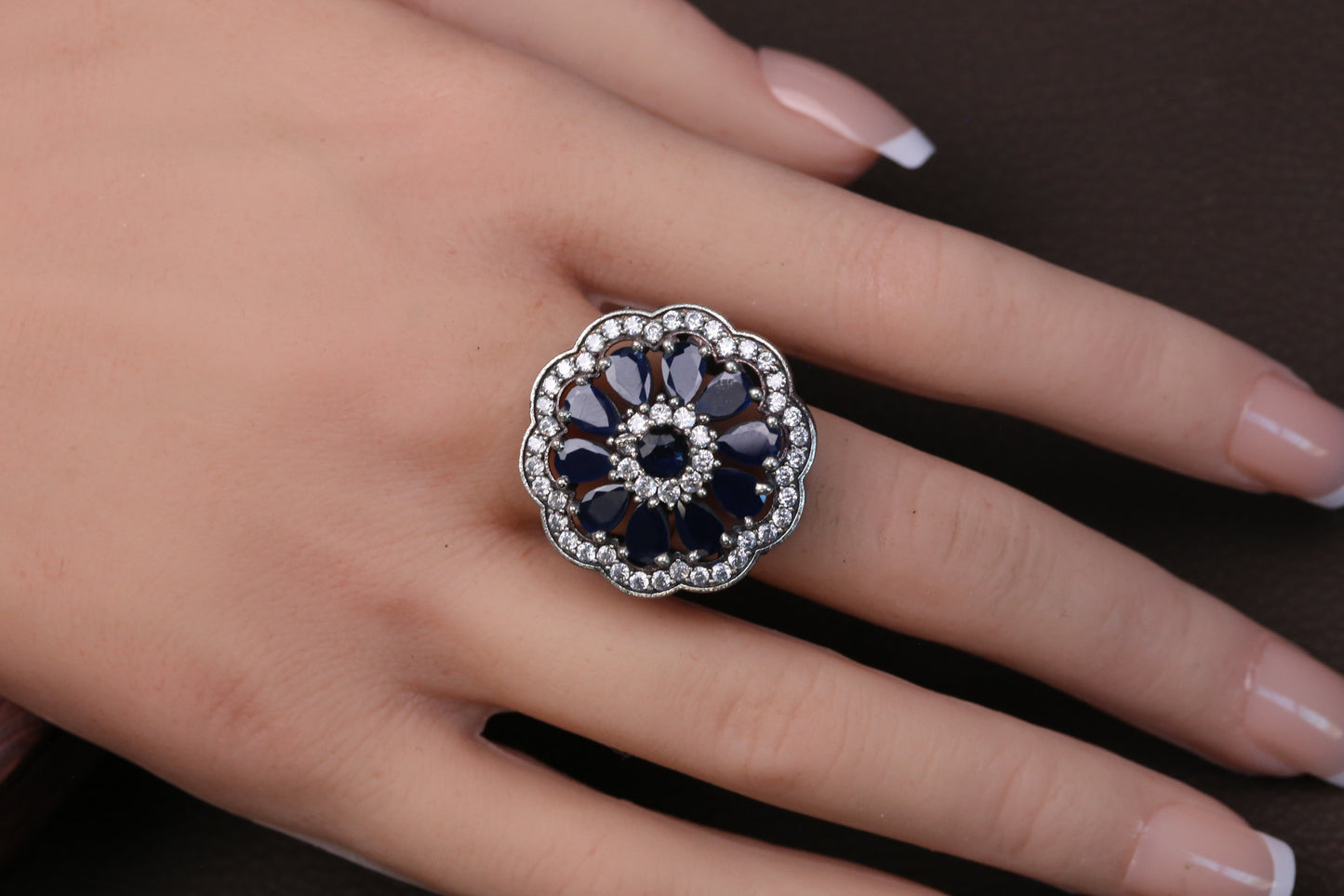 Blue CZ Oxidized Ring - Adjustable