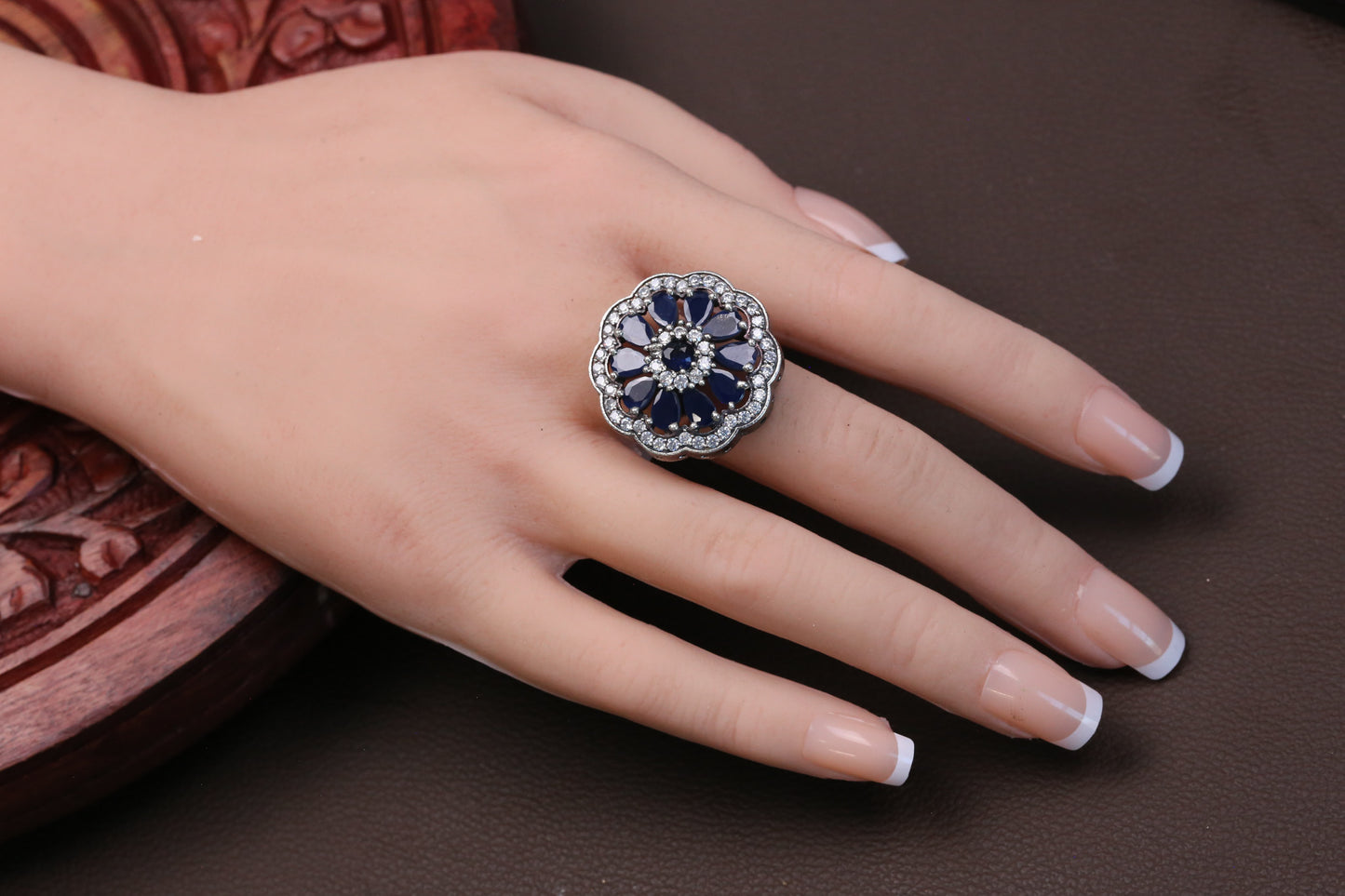 Blue CZ Oxidized Ring - Adjustable