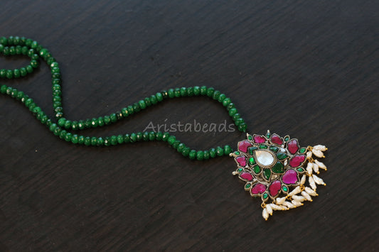 Dual Tone Jadau Necklace Green Onyx Mala (103-97)