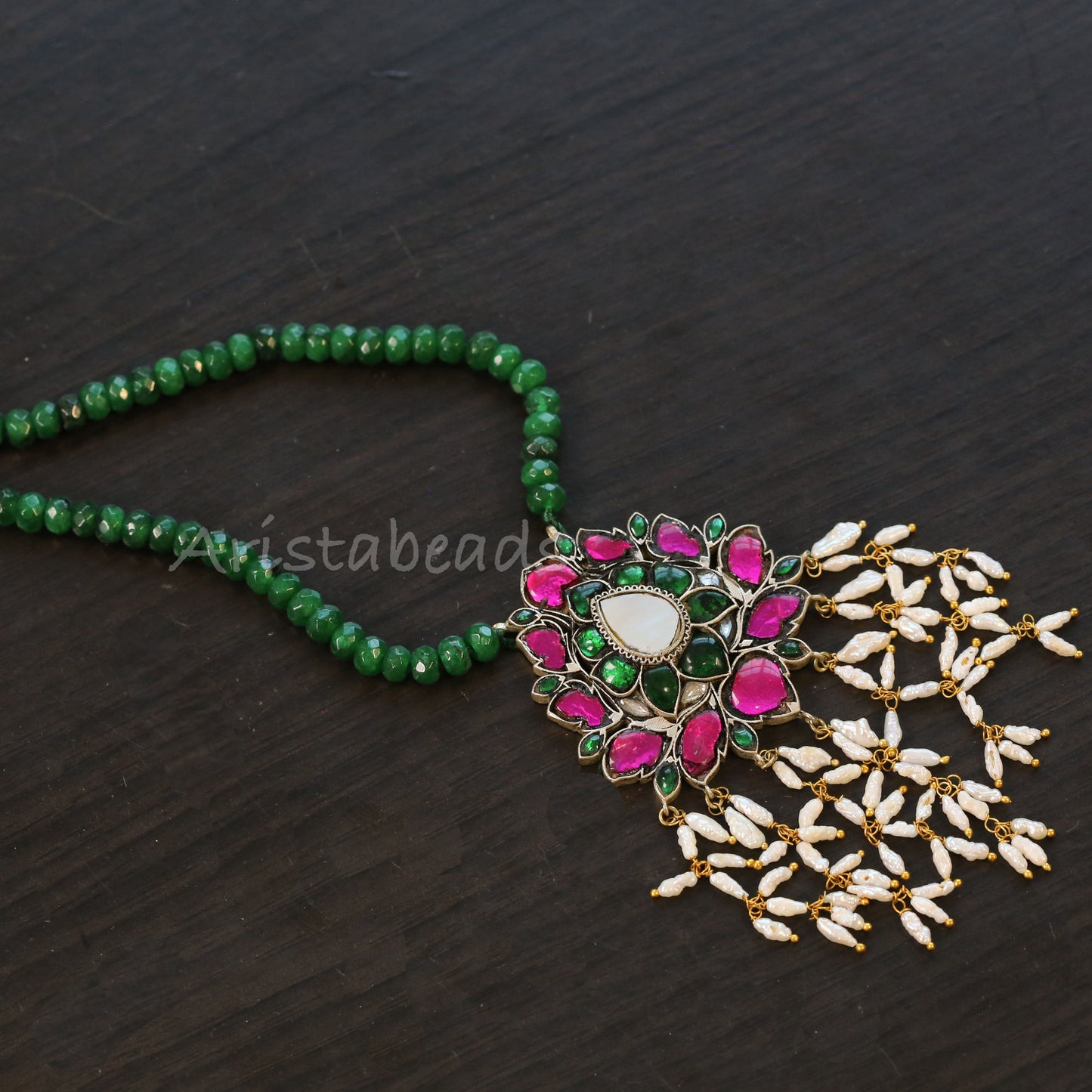 Real Pearls Jadau Necklace Green Onyx Mala (103-98)