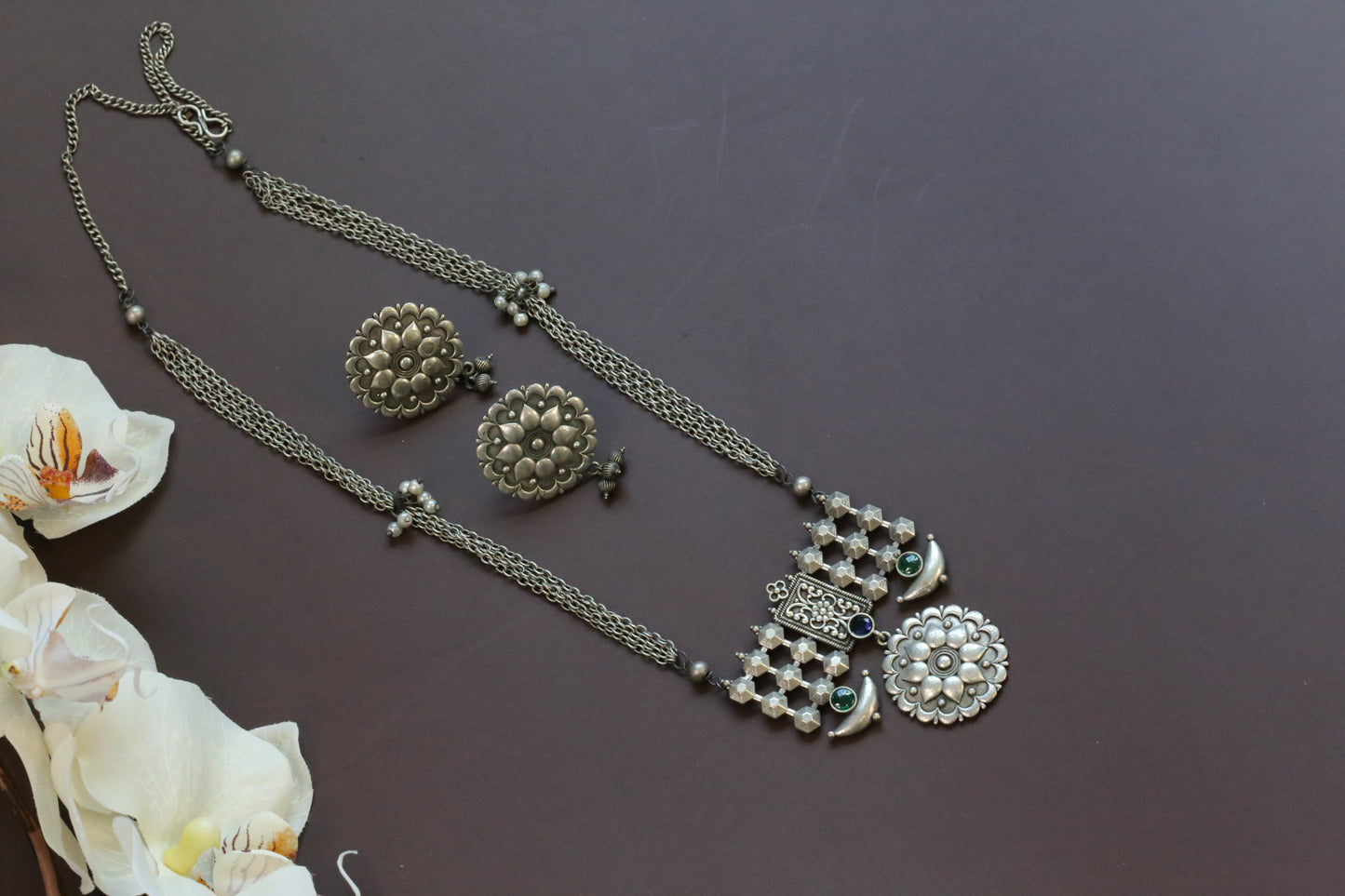 Sana Oxidized Silver Look Necklace Set - Green Blue