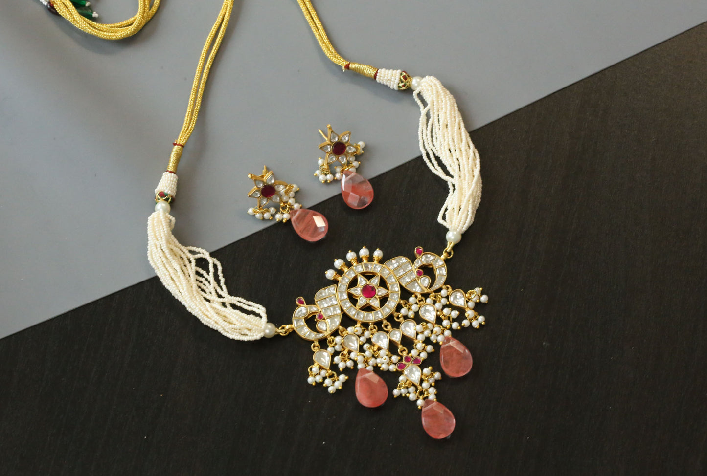 Handmade Jadau Choker Set - Faceted Strawberry Quartz Drops