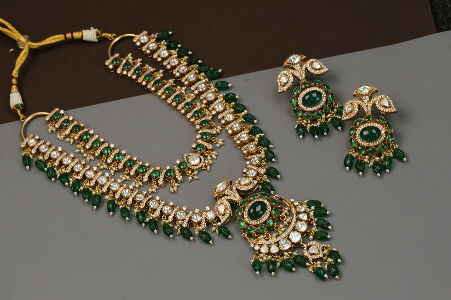 Polki Kundan & Green Pota Doublet Necklace Set