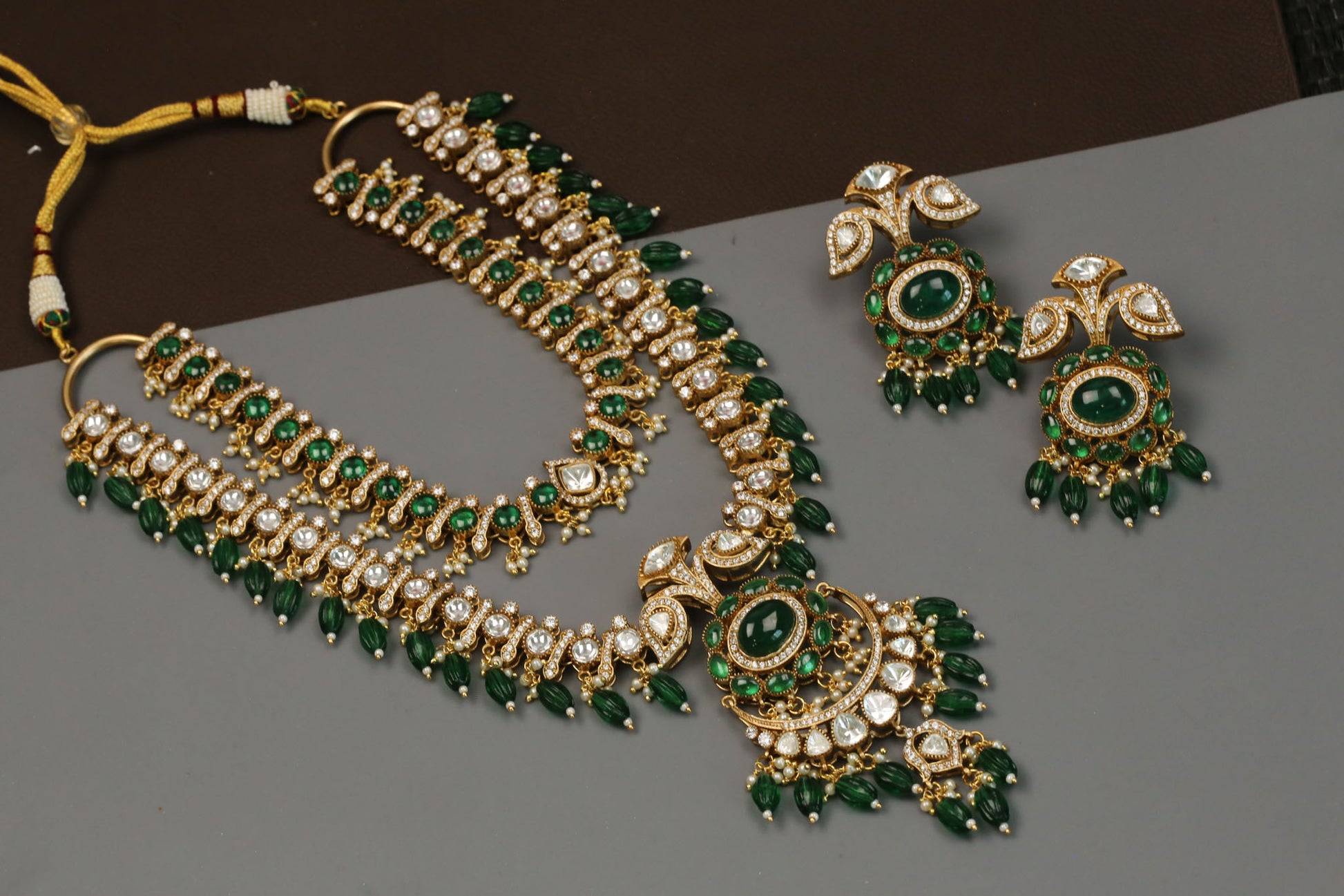 Polki Kundan & Green Pota Doublet Necklace Set