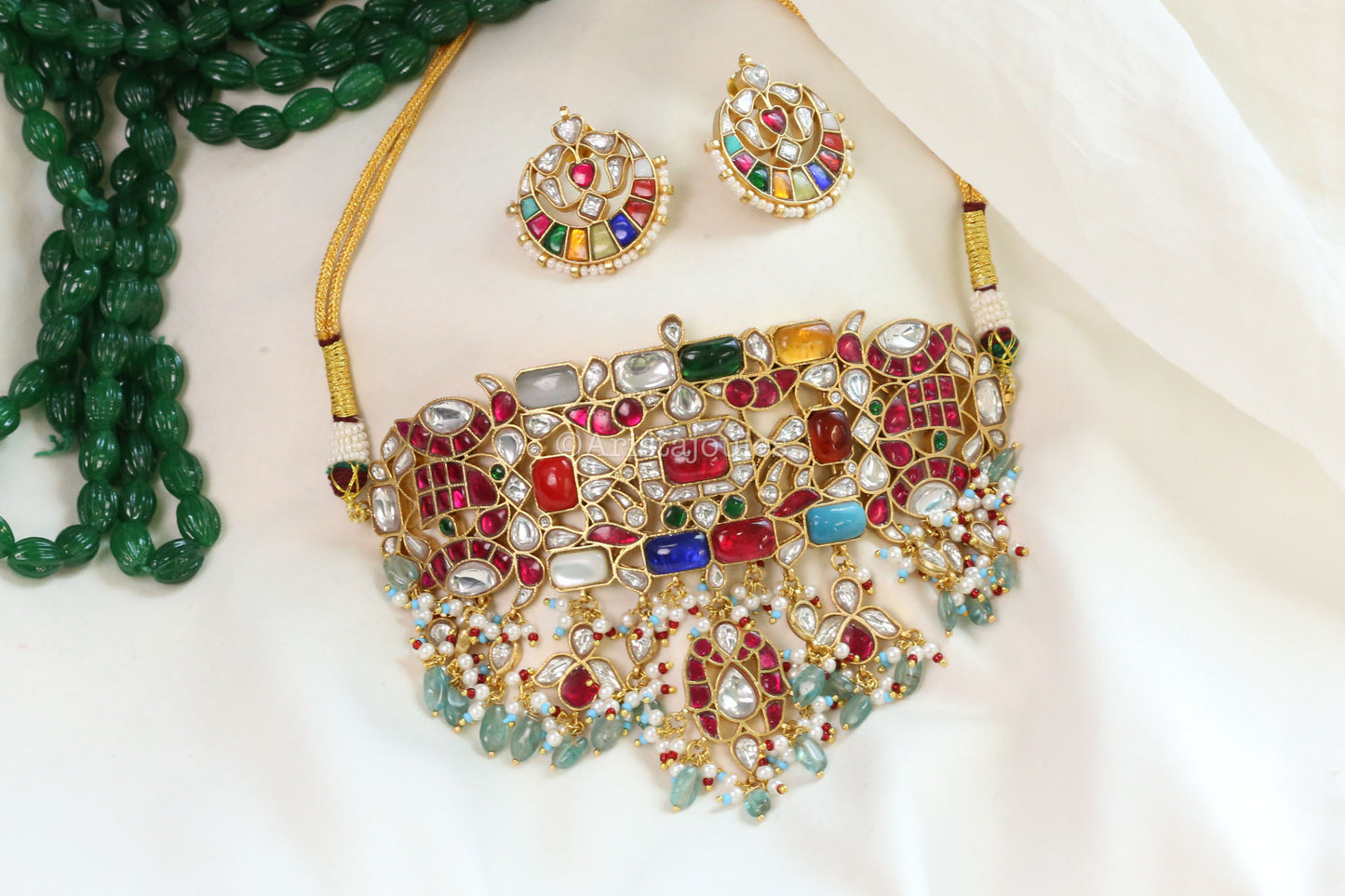 Semiprecious Navratna Kundan Choker Set - Apatite drops