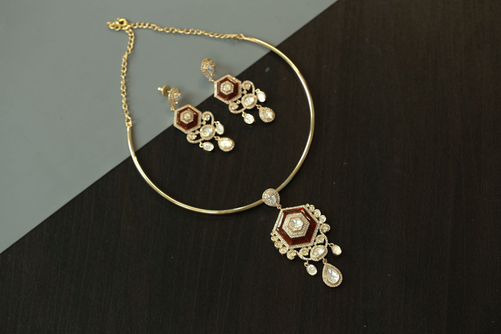 Dainty Red Pota Stone & Kundan Hasli Set