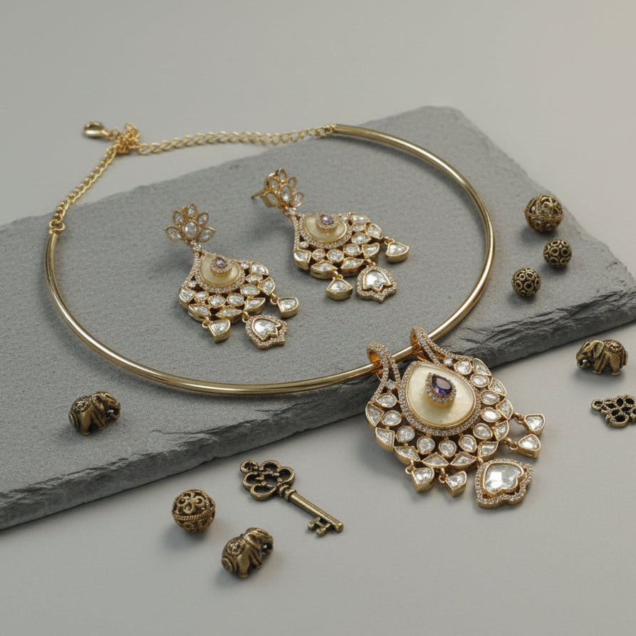 MOP, CZ Stones & Kundan Hasli Set
