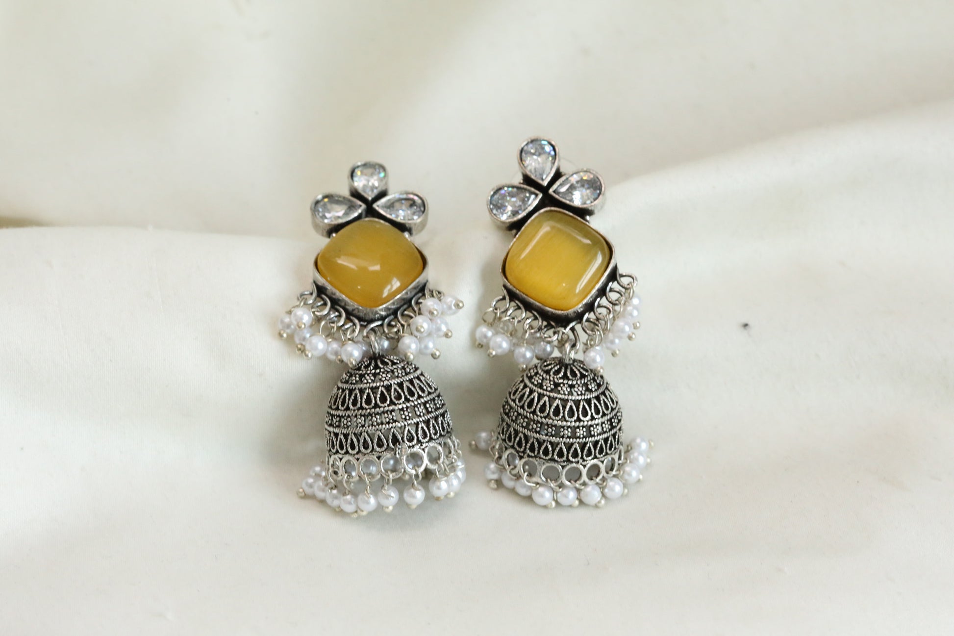 Yellow Monalisa Silver Look Jhumka