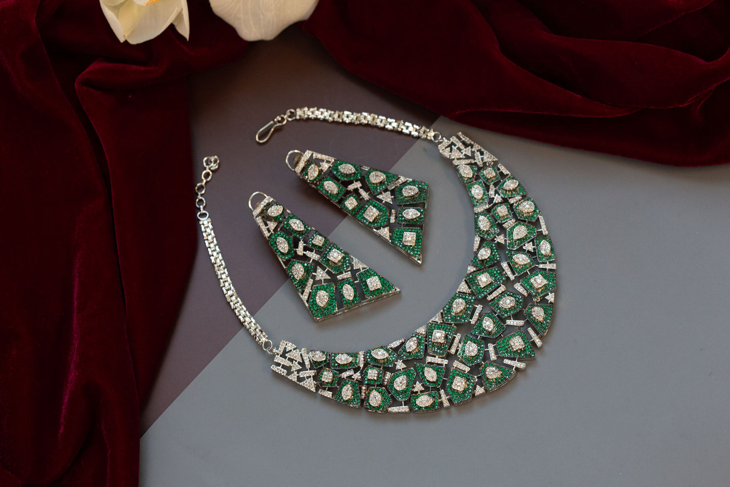 Pave Setting Micro CZ Jahaan Necklace Set - Green