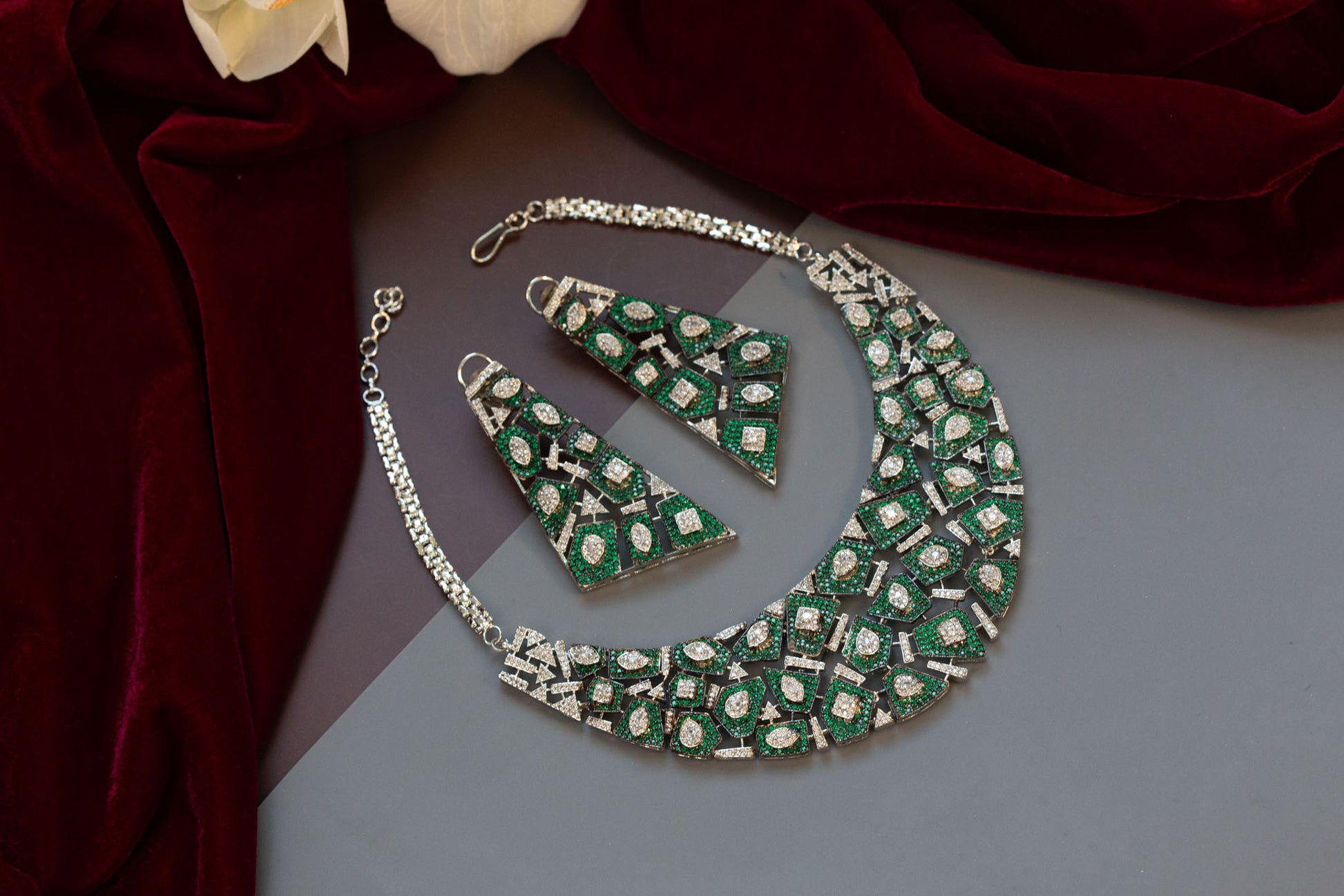Pave Setting Micro CZ Jahaan Necklace Set - Green
