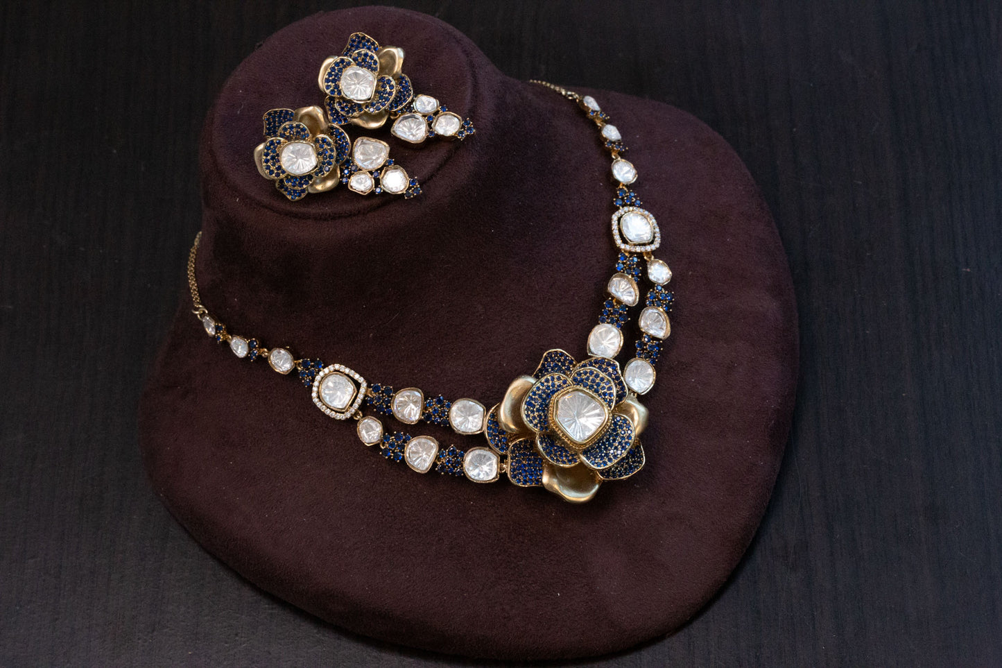 Contemporary 3D Look CZ & Polki Set Necklace Set - Blue