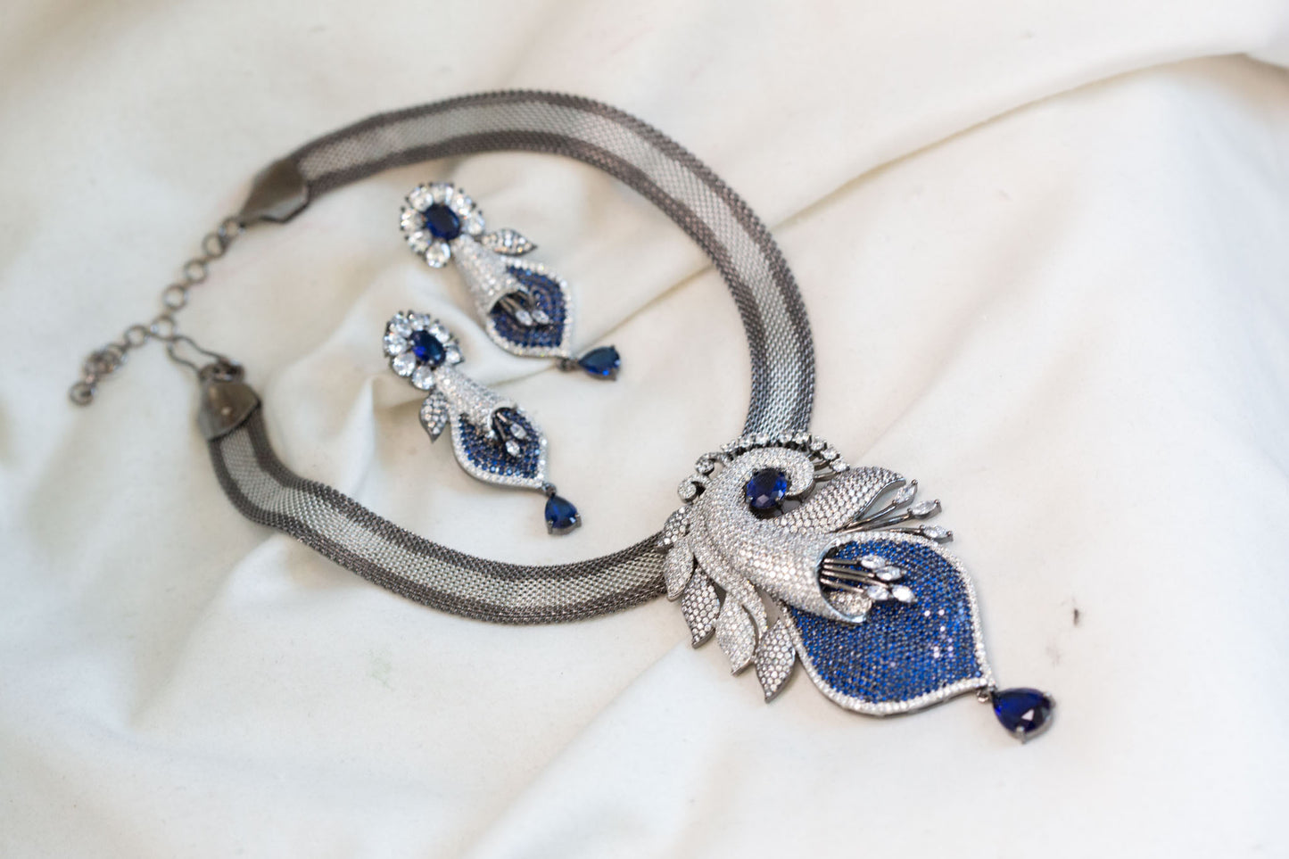 Victorian Black Polish & Micro CZ Necklace Set - Blue