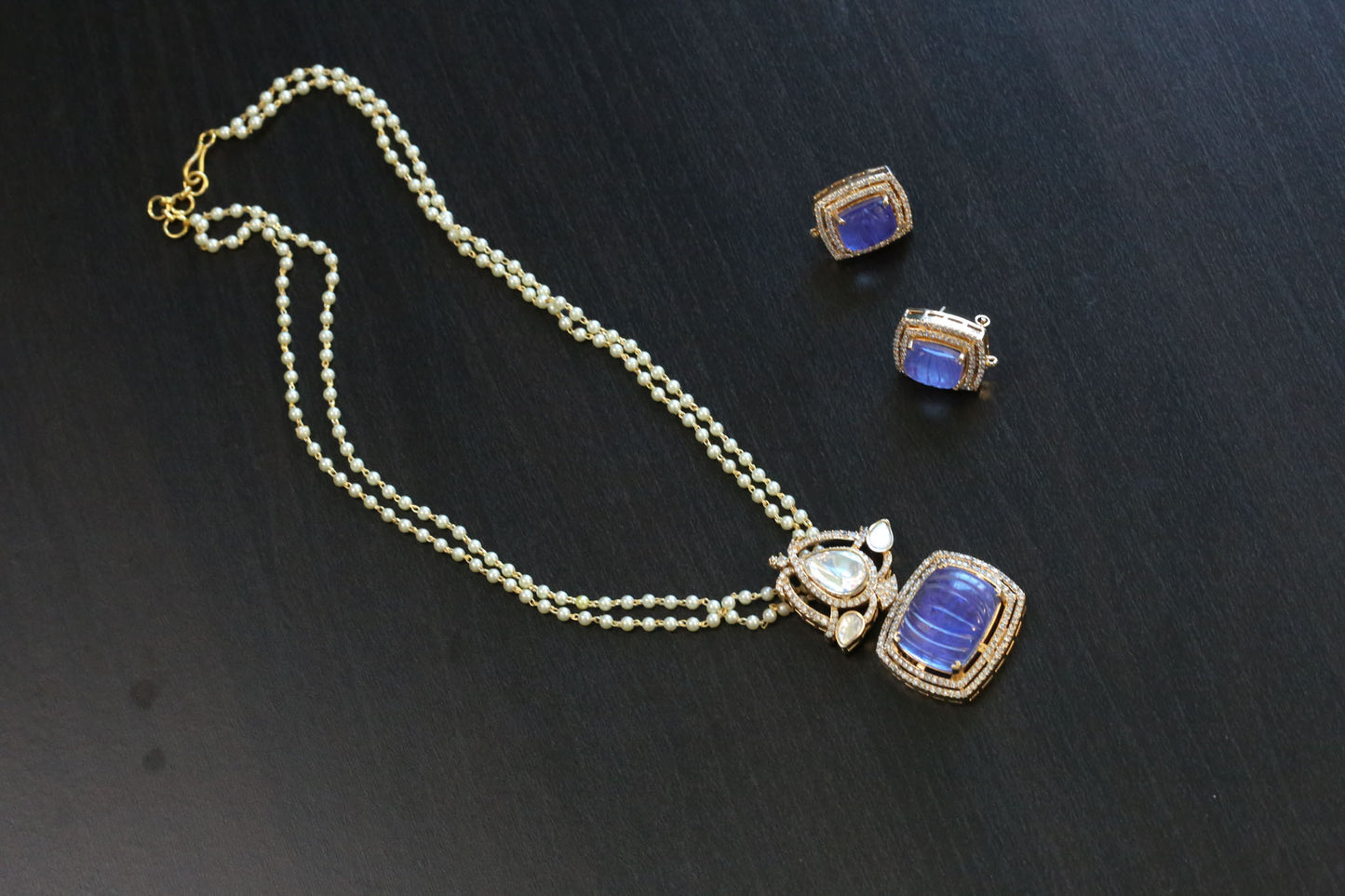 Carved Stone Polki Kundan Necklace Set -Periwinkle Blue