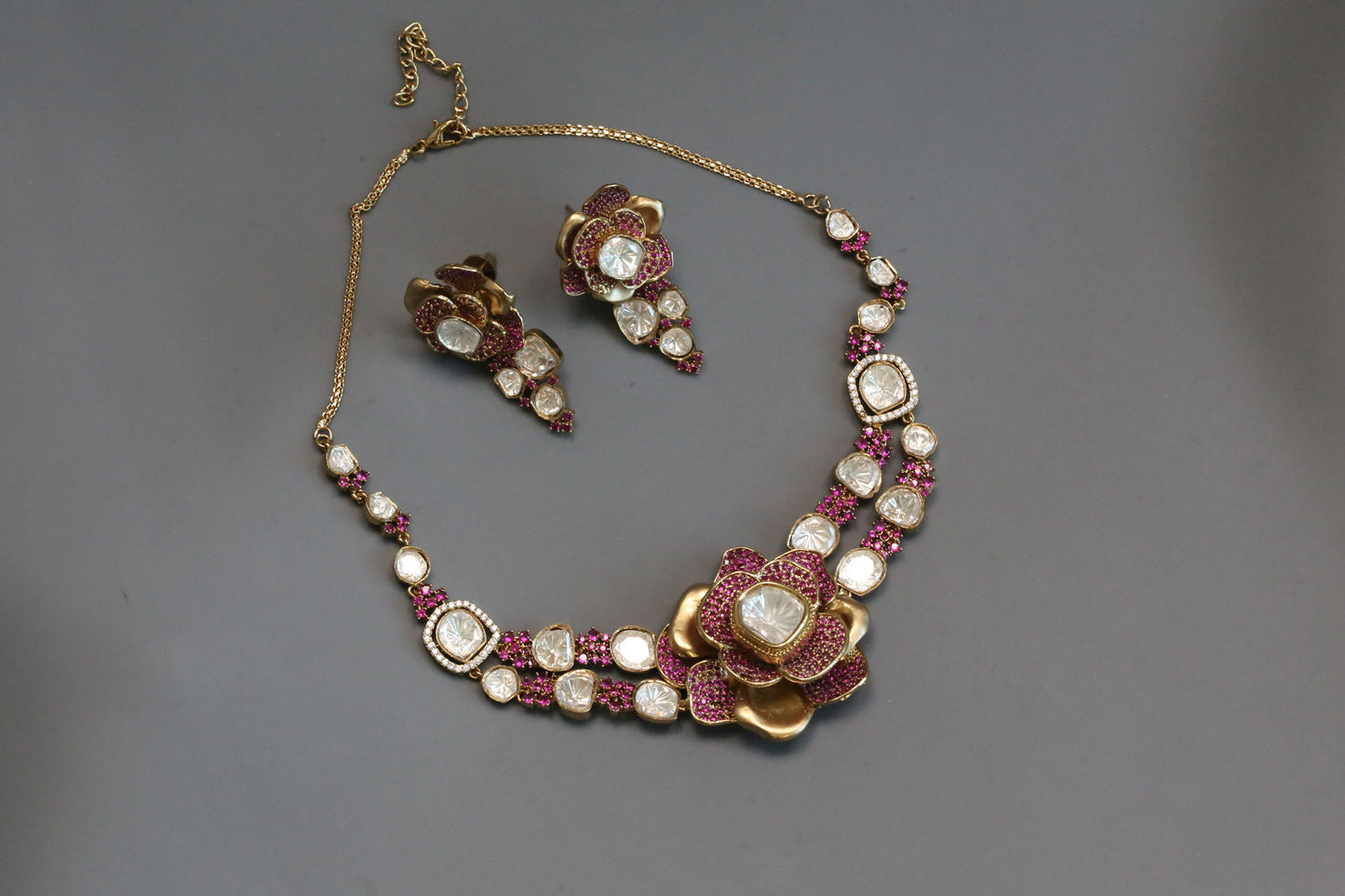 Contemporary 3D Look CZ & Polki Set Necklace Set - Ruby