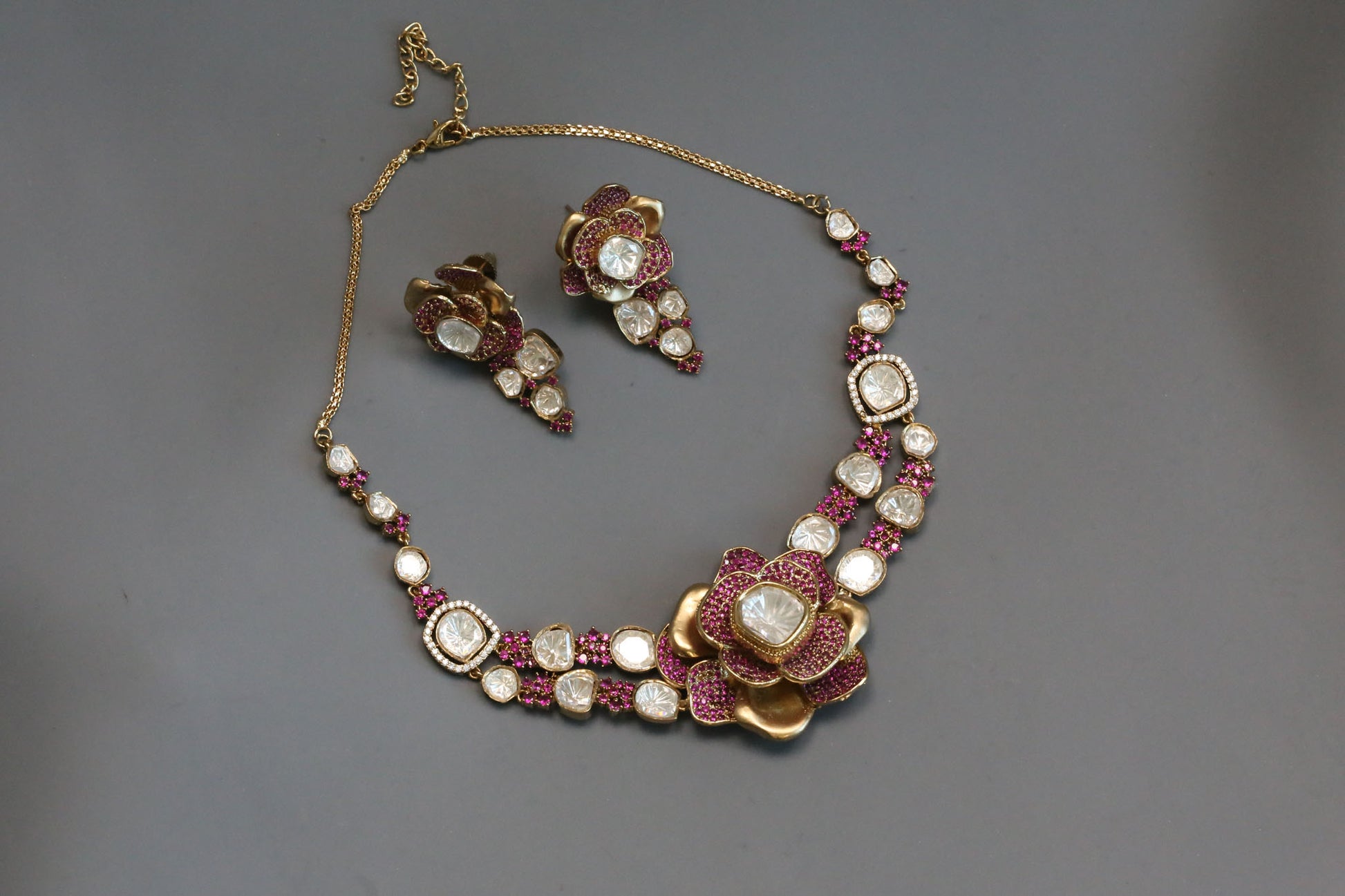Contemporary 3D Look CZ & Polki Set Necklace Set - Ruby