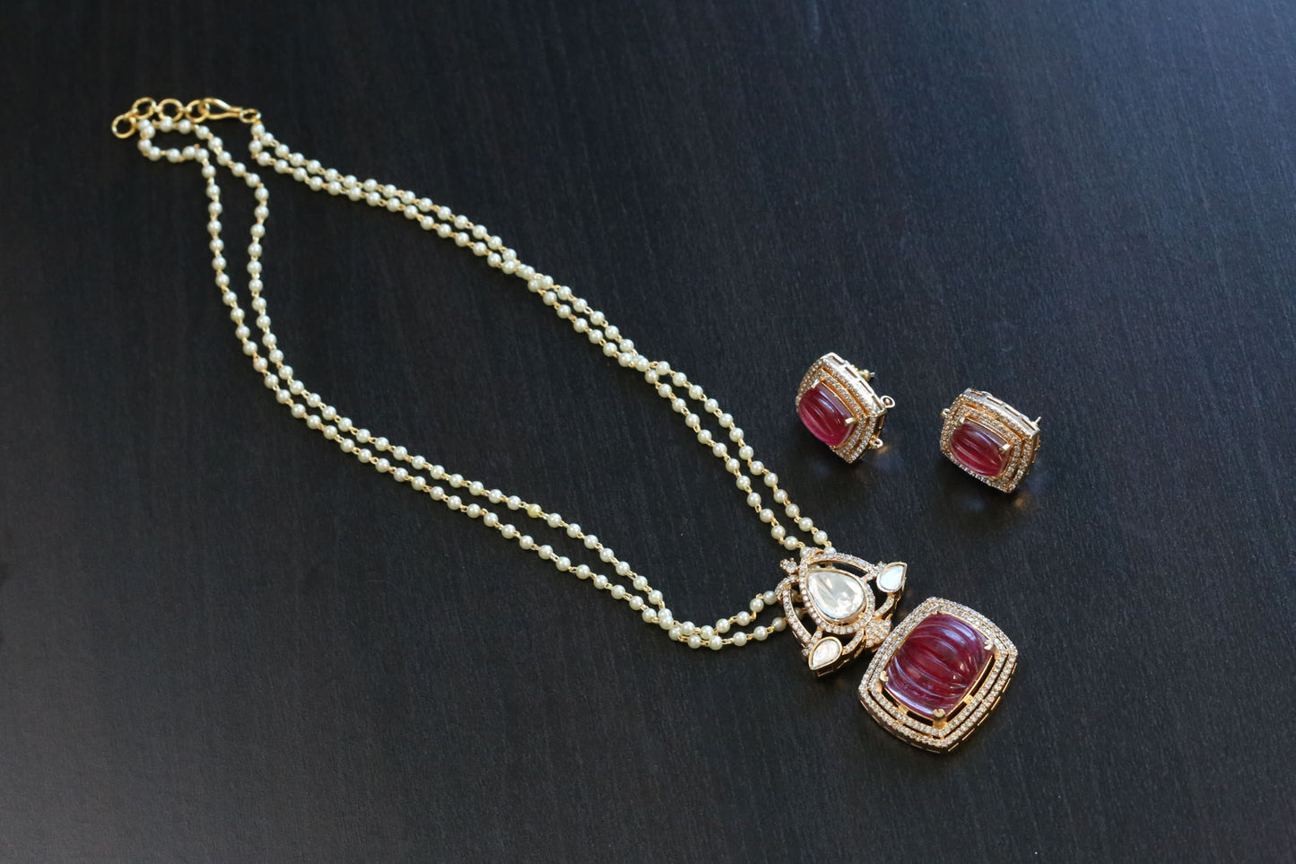 Carved Stone Polki Kundan Necklace Set - Red