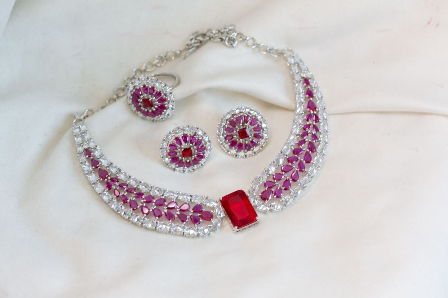 Ruby CZ Necklace, Earrings & Ring Set