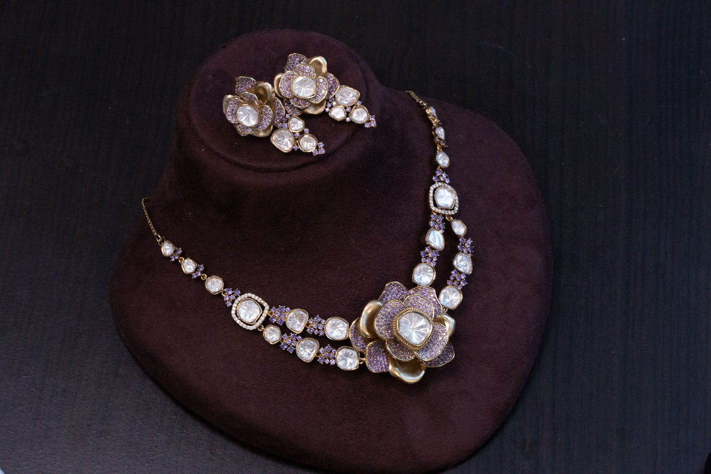 Contemporary 3D Look CZ & Polki Set Necklace Set - Lavender