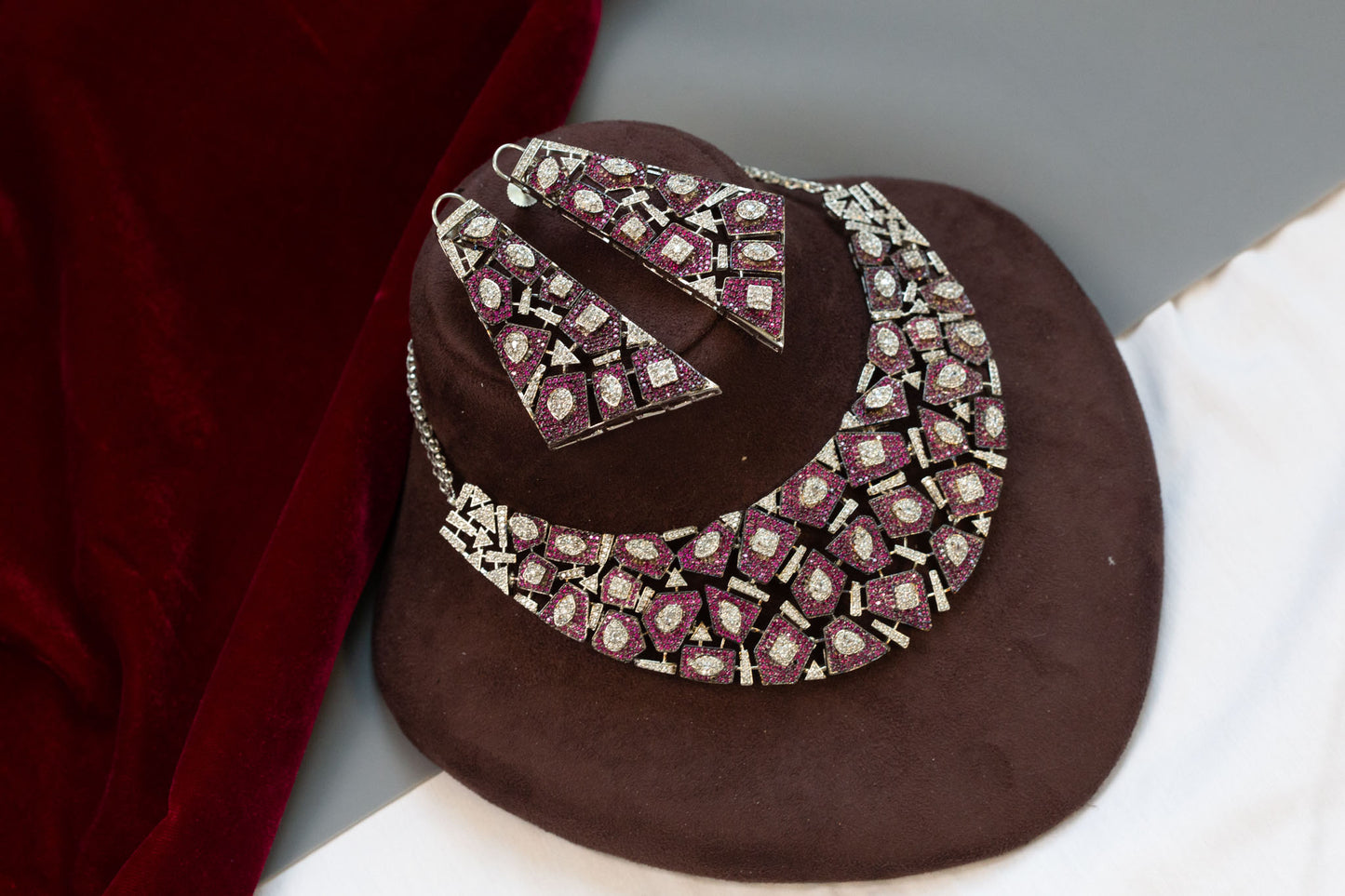 Pave Setting Micro CZ Jahaan Necklace Set - Ruby