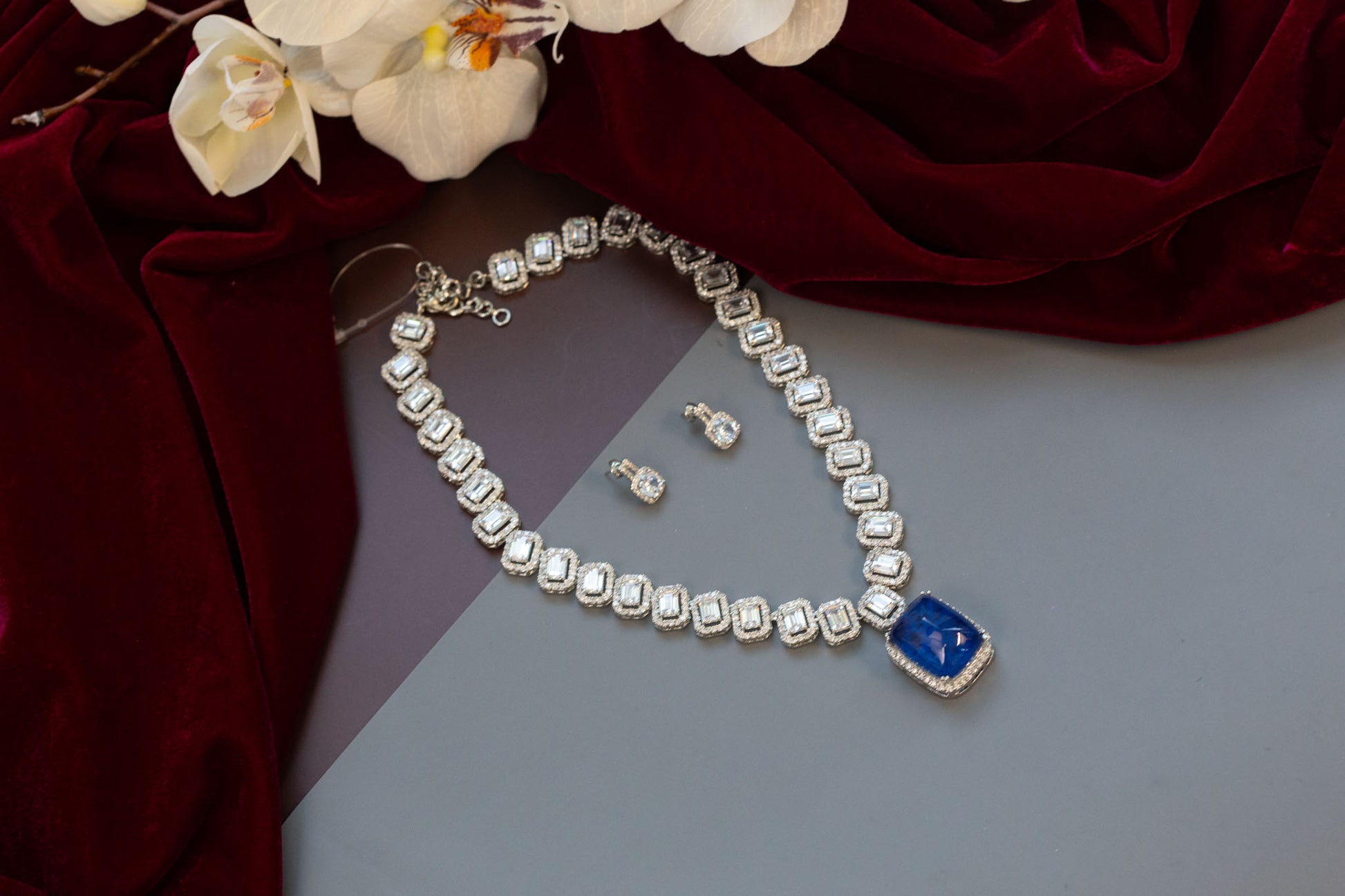 Blue Doublet Micro CZ Tiara Necklace Set