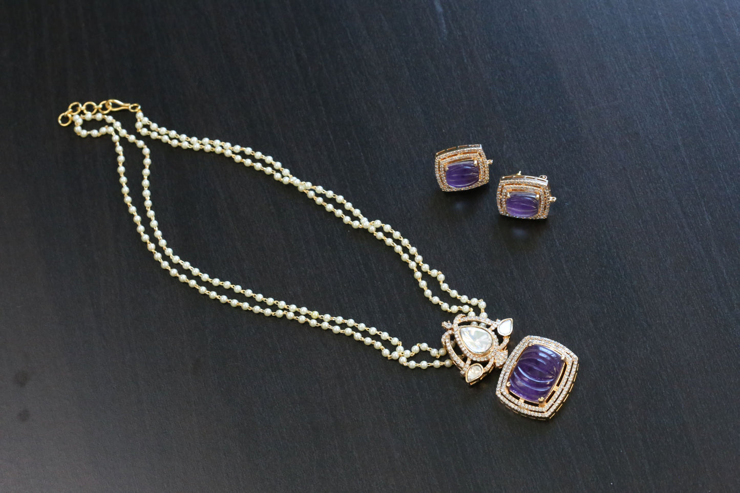 Carved Stone Polki Kundan Necklace Set - Purple