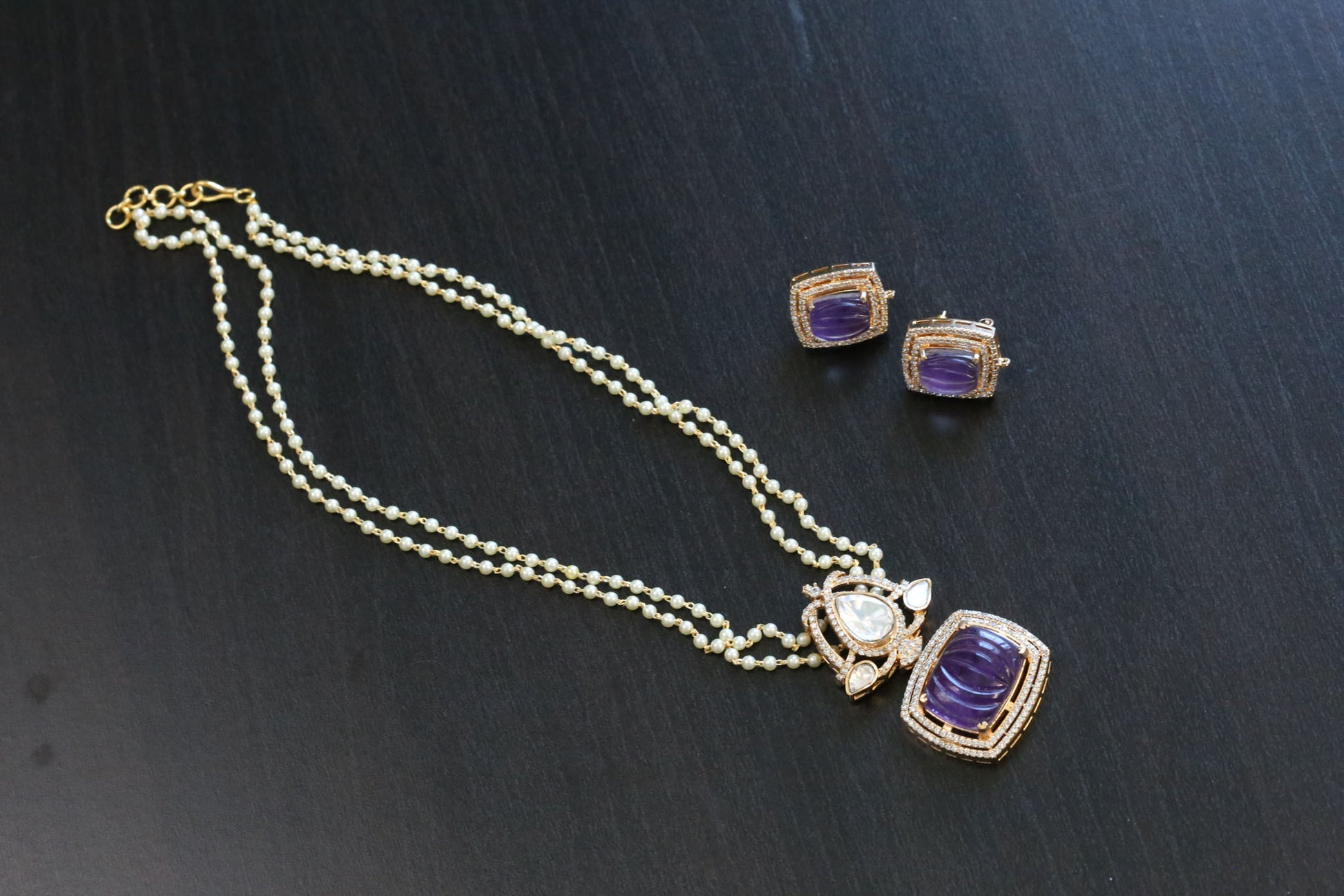 Carved Stone Polki Kundan Necklace Set - Purple
