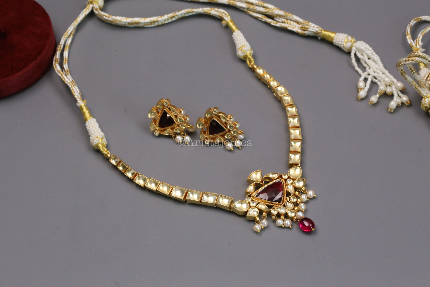 Suvarna Fresh Water Pearls, Rohodolite & Yellow Polki Kundan Set