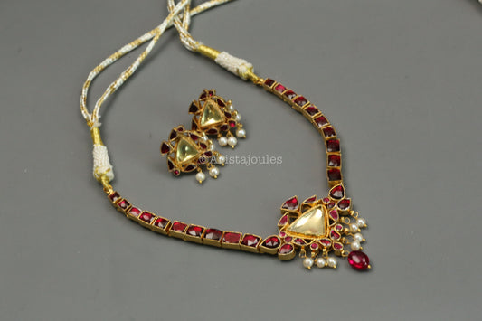 Suvarna Real Rhodiolite, Fresh Water Pearls & Yellow Polki Kundan Set