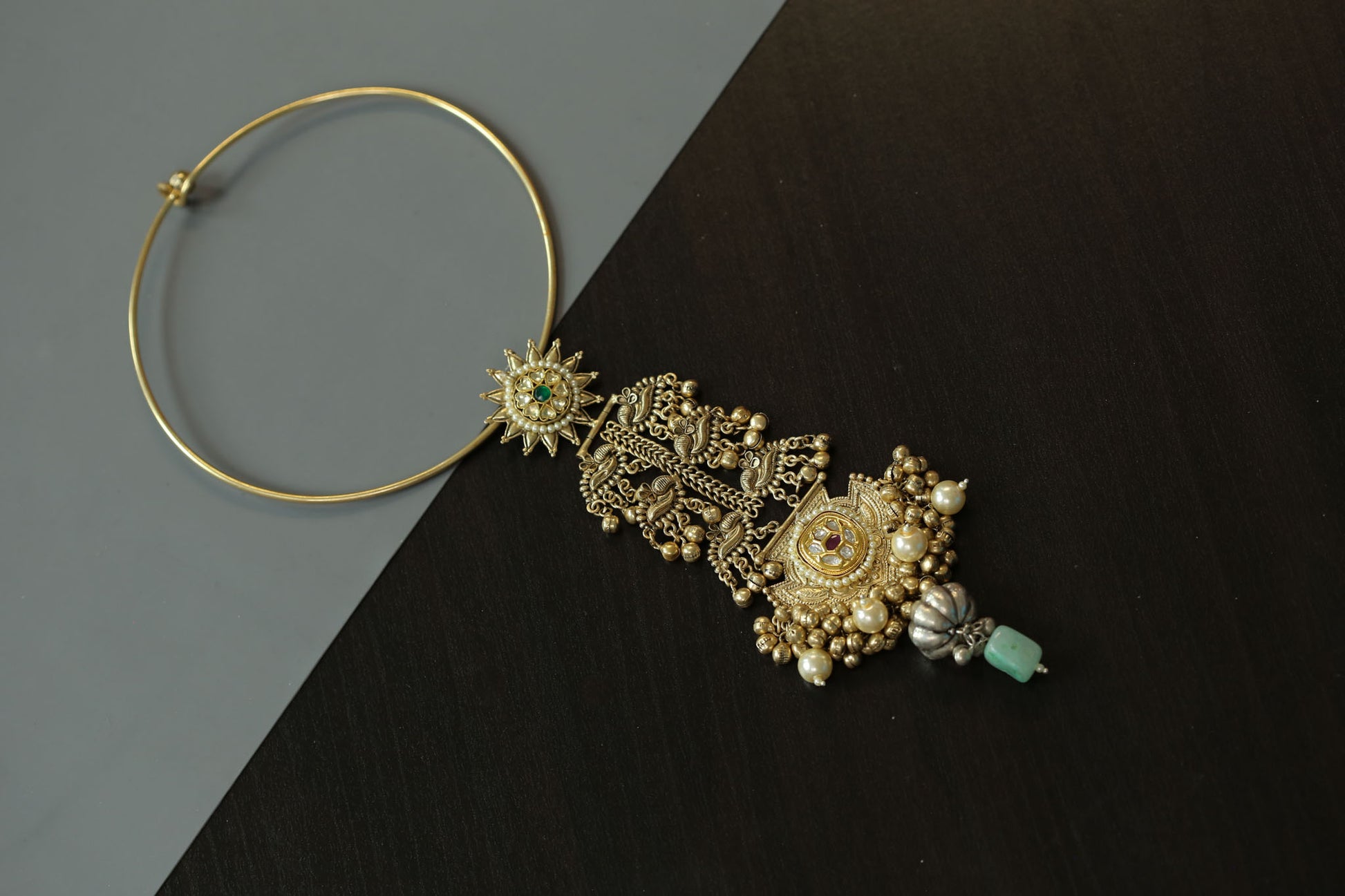 Dual Tone Fusion Kundan Hasli Necklace - Style 3