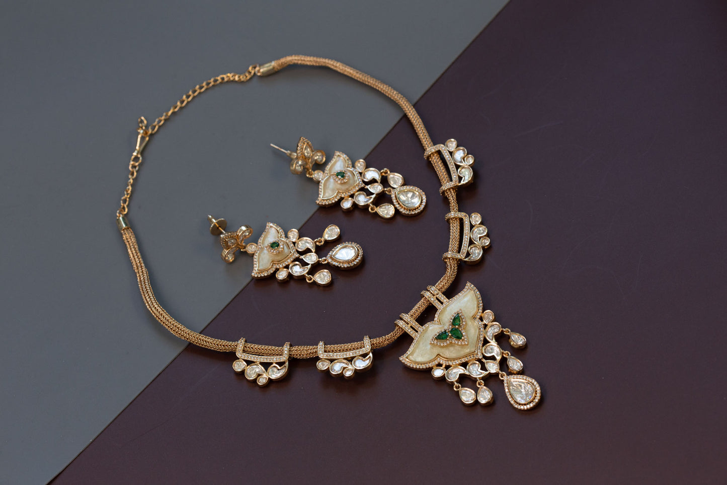 Kundan Polki CZ & MOP Necklace Set - Green