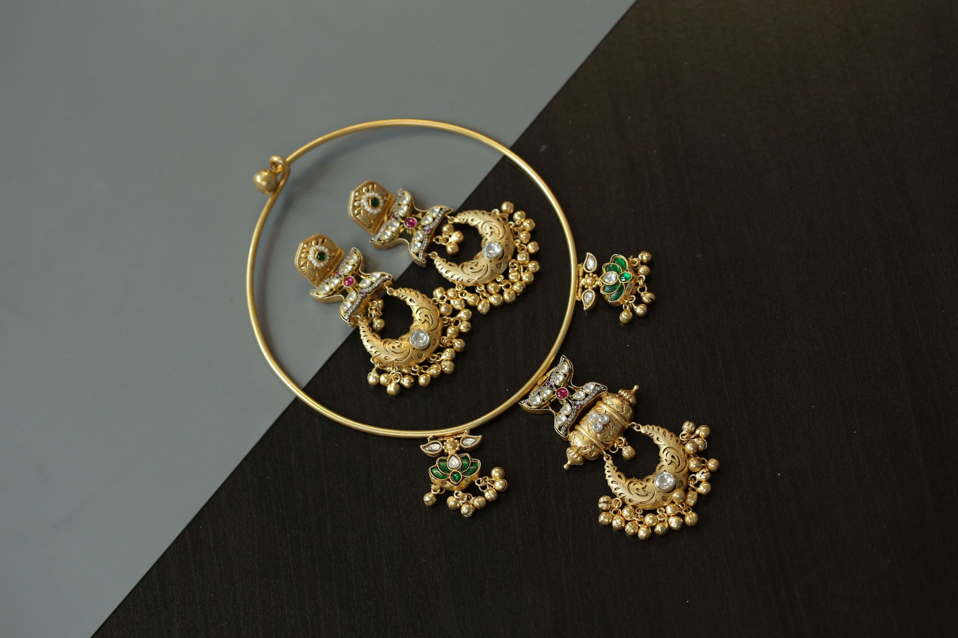 Matt Gold Fusion Kundan Hasli Set - Green