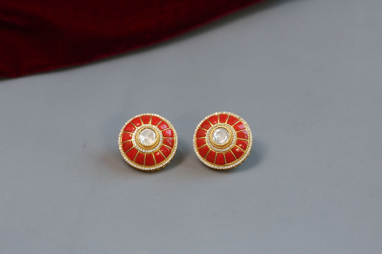 Coral & Moissanite Polki Studs