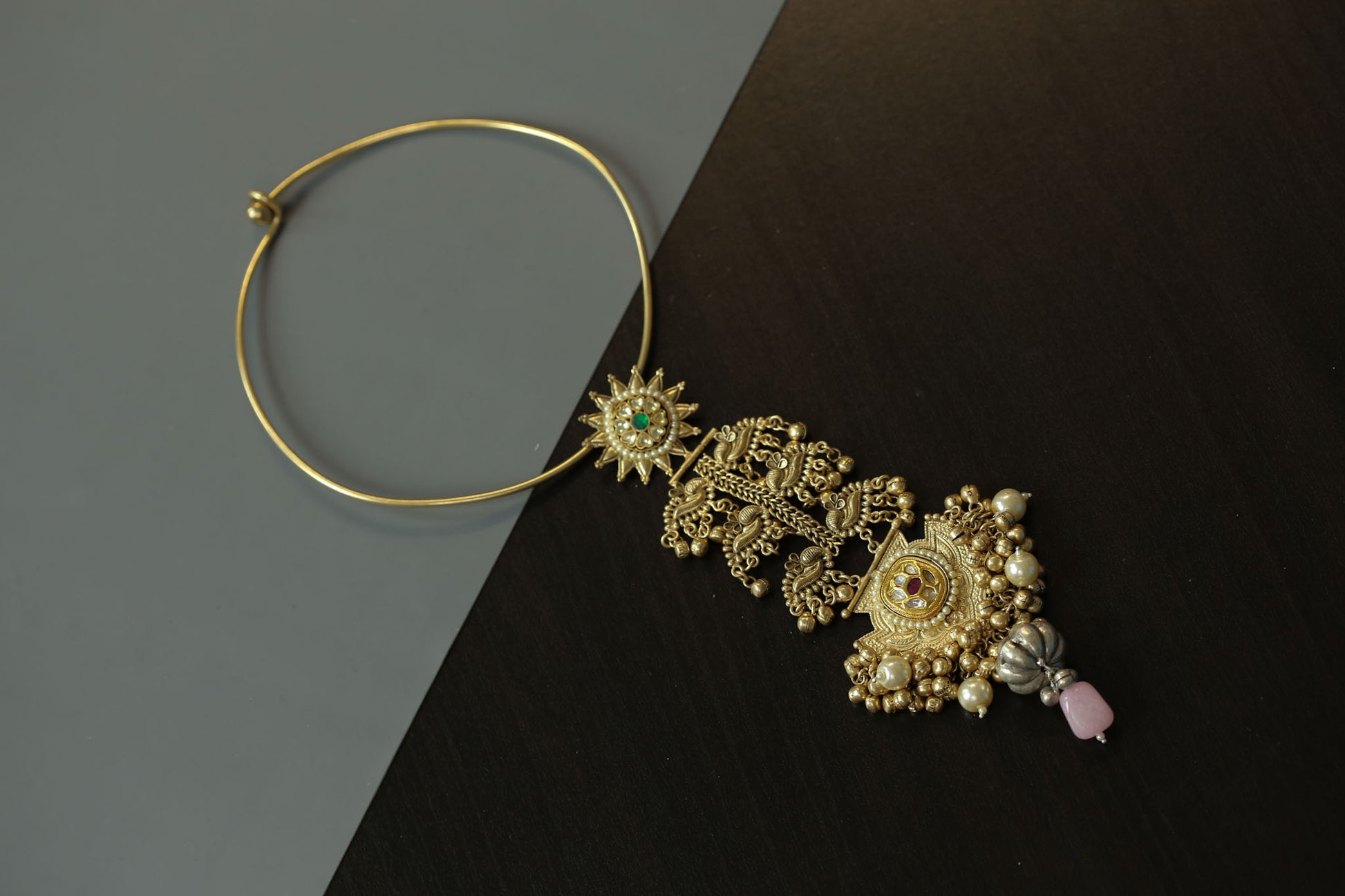 Dual Tone Fusion Kundan Hasli Necklace - Style 4