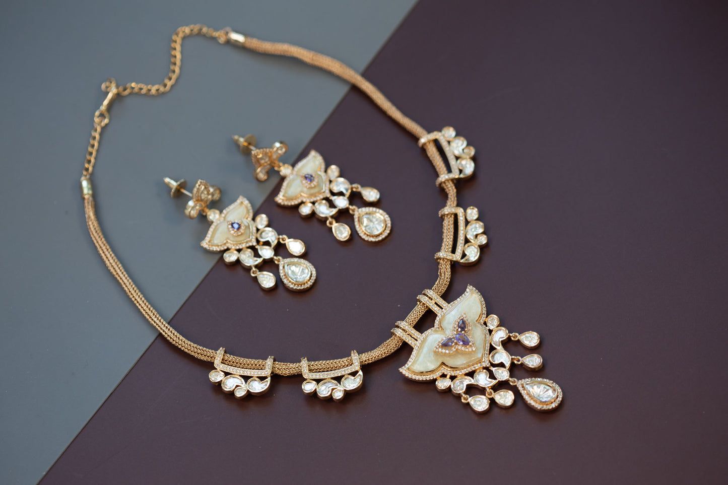 Kundan Polki CZ & MOP Necklace Set - Purple