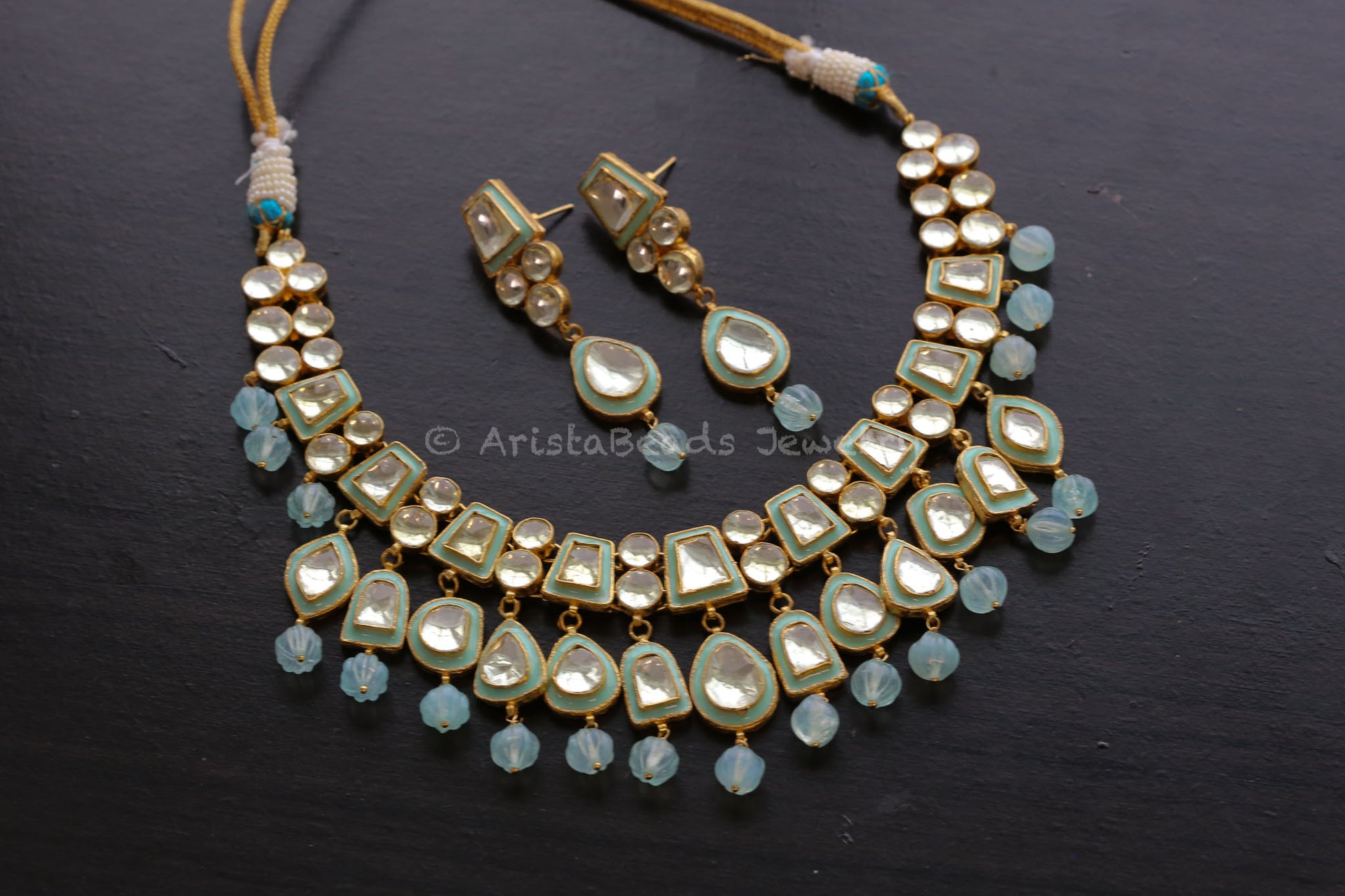 Roohi Meenakari Pachi Kundan Necklace Set - Mint (103-83)