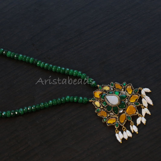 Real Pearls Yellow Jadau Necklace Green Onyx Mala (103-99)