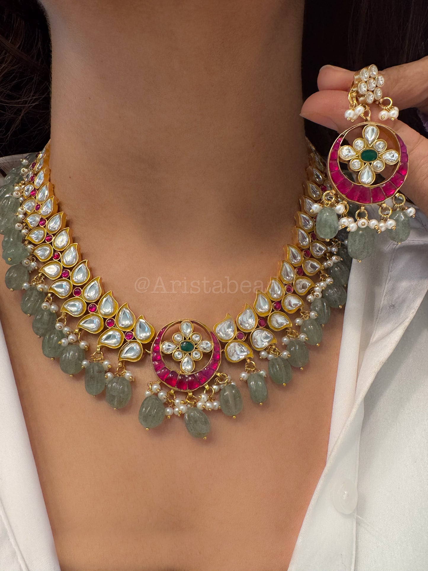 Takkar Jadau Kundan Necklace -Strawberry Quartz (V102-17)