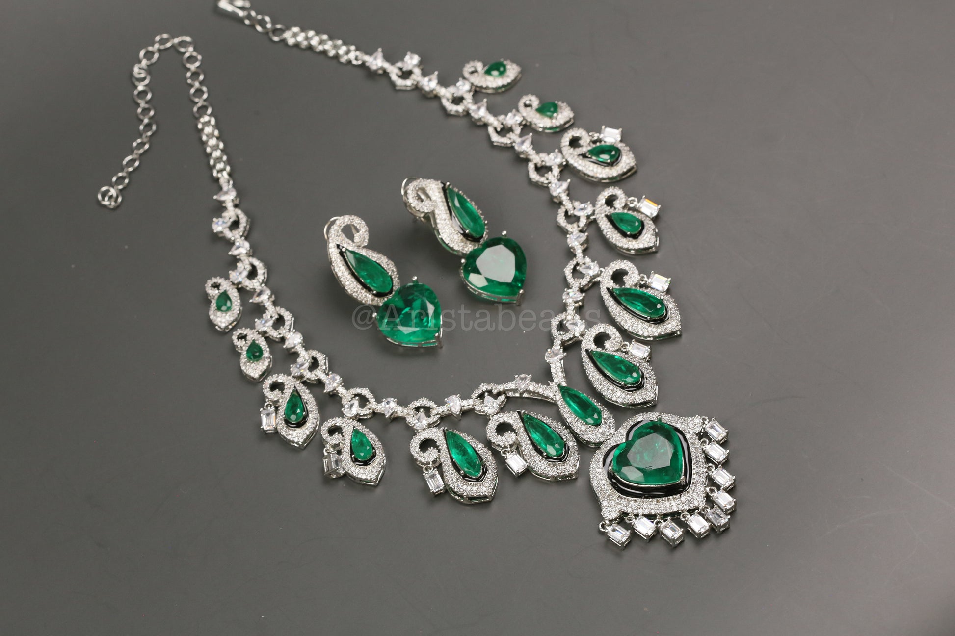 Paisley's & Heart Green Emerald Doublet & CZ Necklace Set